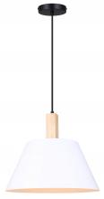  IPL1124A01BWW - Harlyn 60 W 1 Lt Matte Black, Matte White and Real Wood Modern Rustic Pendant with White Metal Shade